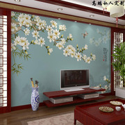 新中式电视背景墙壁纸18d玉兰，花鸟墙布3d客厅沙发，墙纸影视墙壁画