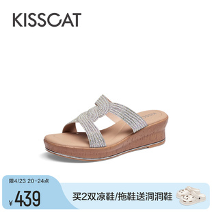 kisscat接吻猫春季舒适时尚沙滩，高级凉鞋水钻海边坡跟，拖鞋女