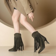 2022冬季短靴女欧美性感绒面流苏女靴细跟高跟靴子大码鞋 BK