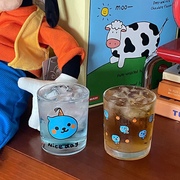 ins可爱蓝色酷儿玻璃杯子，汽水杯水杯小蓝人，冷饮杯早餐礼物牛奶杯