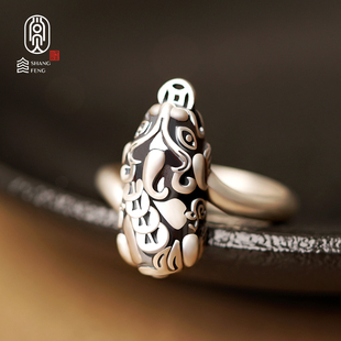 s999足银纯银貔貅戒指男女，情侣招财转运对戒食指中指可调节指环
