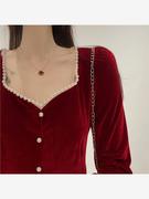 礼服回门本命年时尚，红色订婚衣服金丝绒连衣裙，女装秋冬季2023