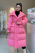 粉红色大翻领羽绒服女冬季2023年中长款白鸭绒(白鸭绒)加厚过膝外套