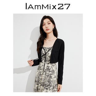 iammix27短款针织薄开衫女长袖，黑色通勤简约外搭空调衫披肩外套女