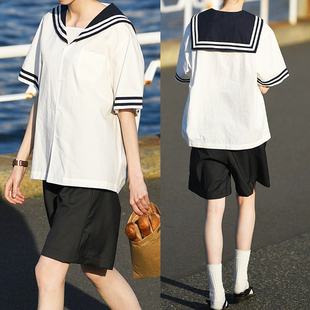 国内2022夏季女海军领衬衫短袖宽松白色衬衣水手服百搭
