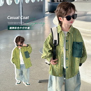 男童韩版绿色春秋外套，2024儿童衬衫中小童衬衣，上衣男孩童装潮