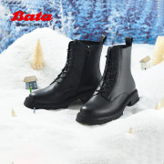 bata厚底马丁靴女冬季商场，牛皮英伦风牛皮粗跟短筒靴53211dd2