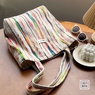 原创设计韩版ins彩虹条纹，慵懒风帆布，重工立体刺绣百搭托特女包包