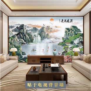 新中式电视沙发背景墙影视墙布现代简约8d大气水墨山水画定制壁画