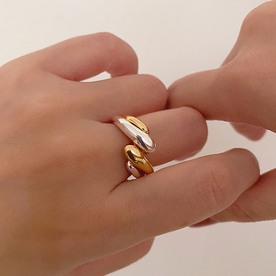 欧美金银拼接套装戒指小众设计高级极简可调节手饰黄铜18K金