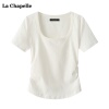 拉夏贝尔/La Chapelle正肩纯色短袖t恤女夏季简约U领短款上衣