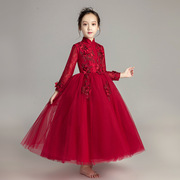 女童长袖公主礼服红色长裙蓬蓬纱，主持生日儿童，婚纱裙钢琴演出秋冬