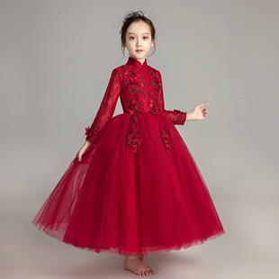 女童长袖公主礼服红色长裙，蓬蓬纱主持生日，儿童婚纱裙钢琴演出秋冬