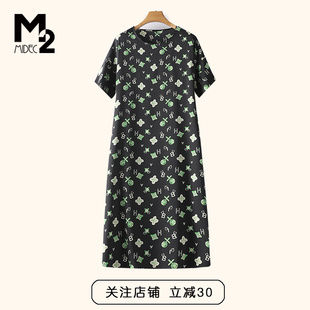 m2女装2024年夏宽松(夏宽松)大码显瘦微胖中年妈妈短袖直筒雪纺连衣裙