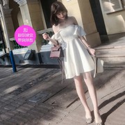 2024夏季女装名媛甜美气质修身白色一字领露肩连衣裙优雅小礼服潮