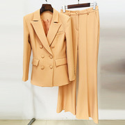 2024法式轻奢双排扣修身西装外套纯色微喇长裤通勤两件套
