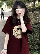 酒红色短袖t恤女2024夏宽松(夏宽松)棉中长款潮牌设计感高端欧货大版