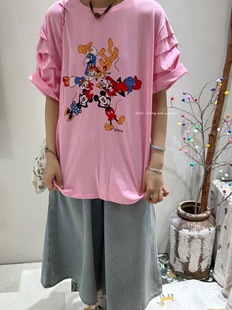 韩版粉色卡通米奇印花泡泡袖，t恤女2024设计感百搭减龄童趣上衣潮