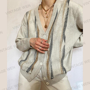 vintagewen美式复古灰色条纹，v领针织衫女潮ins春秋薄款外套个性
