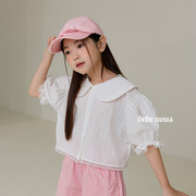 上新▲BabyWe韩国童装甜美蕾丝边短款翻领短袖衬衫娃娃衫