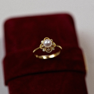 复古蕾丝18k四叶草珍珠戒指，女ins潮时尚，个性黄金纯银指环项链情侣