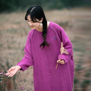 紫色重工刺绣亚麻宽松连衣裙 知笔墨原创设计禅意复古早春长袍子