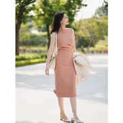 夏季橘粉色修身长裙，气质时尚压褶收腰中长款无袖包臀连衣裙女