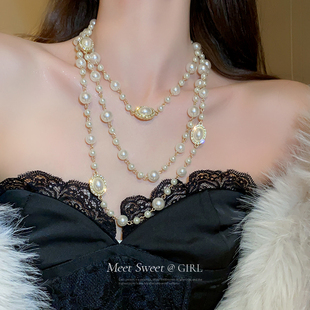 长款大珍珠项链旗袍毛衣链大气高档多层叠戴锁骨链女款装饰配饰品