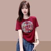 新中式红色短袖T恤女夏季中国风刺绣盘扣民族风纯棉正肩上衣