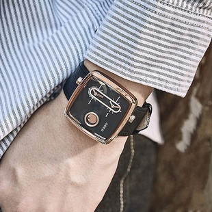 古欧时尚潮男表个性双机芯男士手表表带男款方形石英真皮国产腕表