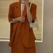 橘色复古时尚套装，港风气质宽松短袖西装，外套半身长裙显瘦女