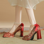 红色超高跟鞋女中式龙凤褂秀禾婚鞋新娘鞋春季一字带粗跟单鞋
