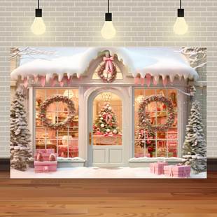 圣诞节布置背景欧美风糖果屋屋冬季雪景氛围感布置拍照海报