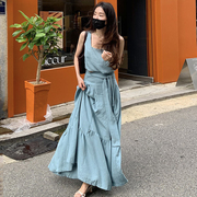 韩国chic夏季法式方领露锁骨，无袖上衣+高腰大摆型半身裙套装