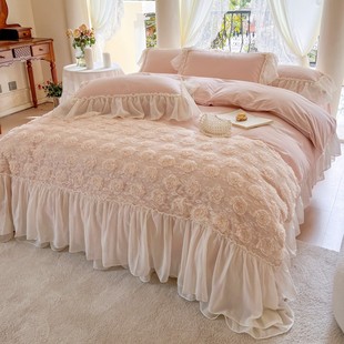 法式玫瑰蕾丝边全棉水洗棉四件套纯棉床单公主风被套高端床上用品