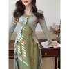 新中式温柔风国风绿色印花连衣裙+荷叶边针织开衫两件套套装女春