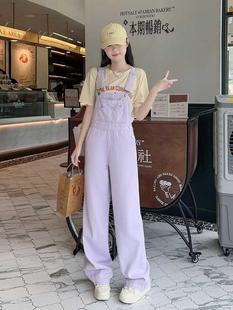 香芋紫牛仔背带裤女夏季2024年宽松设计感直筒高腰工装阔腿裤