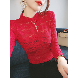 红色长袖秋季蕾丝衫，上衣女2023气质修身镂空盘扣减龄漂亮小衫