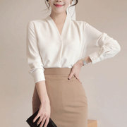 韩式2023纯色雪纺衬衫女V领长袖宽松上衣气质名媛都市女主范