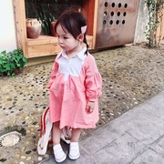 韩版洋气翻领粉色并白色灯笼长袖连衣裙全棉幼儿衬衫裙小童秋季裙