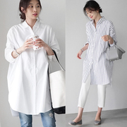 2024春季韩版女装宽松bf风中长款条纹长袖衬衫女宽松白色衬衣