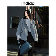 indicia双面呢大衣女羊毛外套，灰色宽松薄款职业，秋冬时尚标记女装