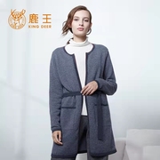 鹿王羊绒女开衫圆领纯色，宽松中长款简约冬季舒适时尚外套系带毛衣