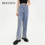 ROCOCO秋季高腰直筒宽松显瘦浅牛仔蓝甜酷浪漫牛仔长裤女