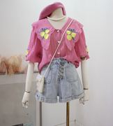粉色娃娃领上衣2023夏季女韩国刺绣泡泡袖甜美衬衫仙气法式雪纺衫