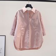 设计感褶皱单口袋粉色棉衬衣女拼接宽松袖长衬衣2023夏季百搭上装