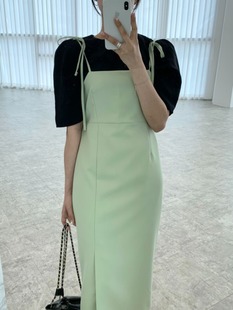 韩国chic夏季气质圆领泡泡袖，衬衫上衣+中长款高腰吊带连衣裙女潮