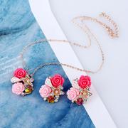 玫瑰金耳环项链首饰套装可爱彩色花朵冬天欧美新娘耳钉二件套