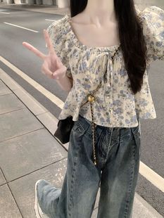 韩系小香风雪纺泡泡袖上衣女夏季方领衬衫牛仔长裤一整套时尚