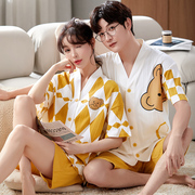 睡衣情侣纯棉夏季短袖，韩版女男士学生，和服开衫两件套装休闲家居服